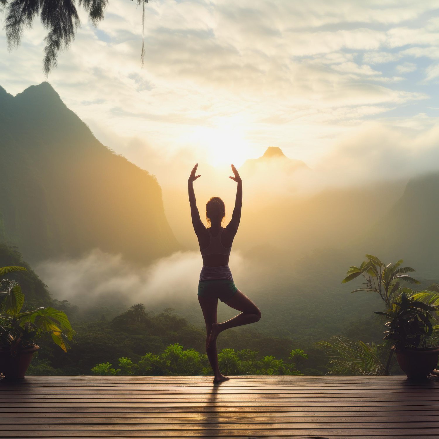 peaceful woman meditating in nature calm serene mindfulness soft morning light green environment wellness